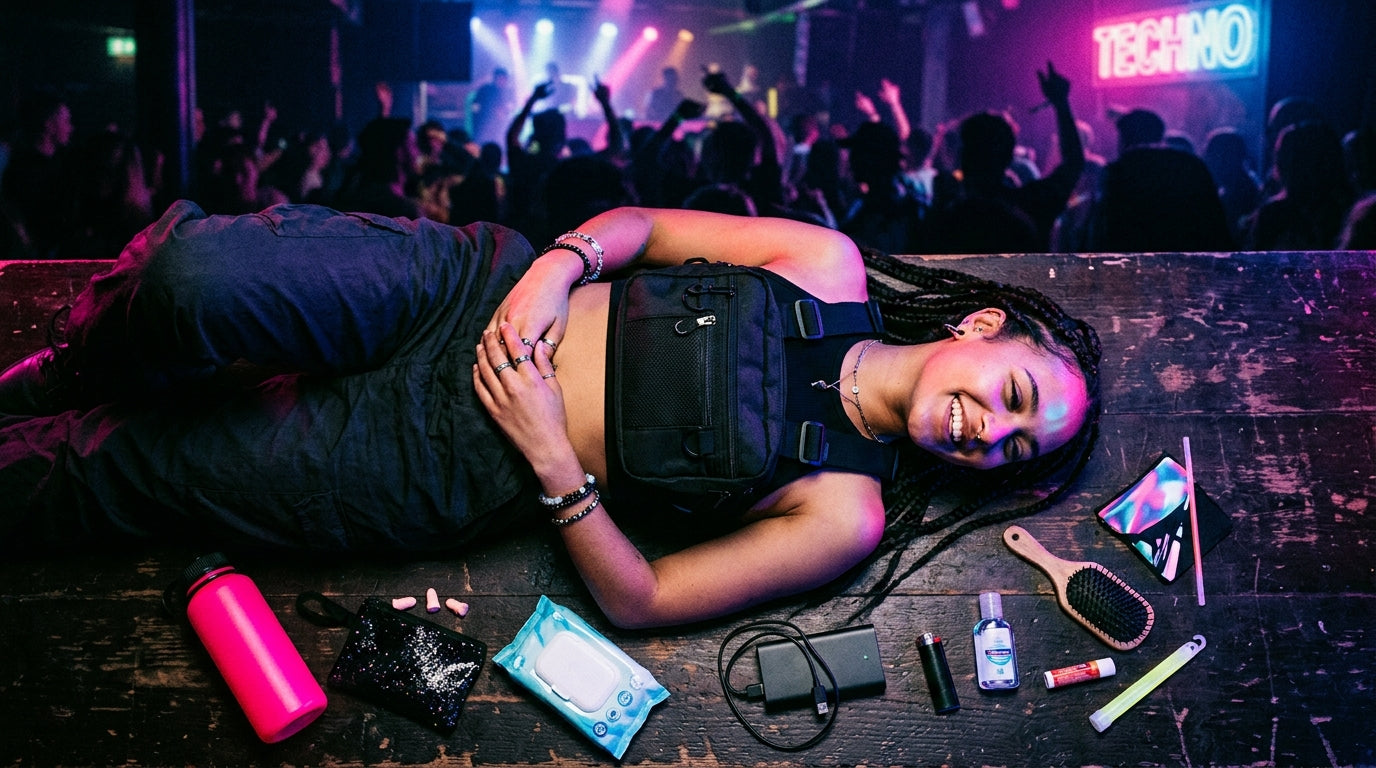 Raver mit Brusttasche im Club, Festival-Essentials