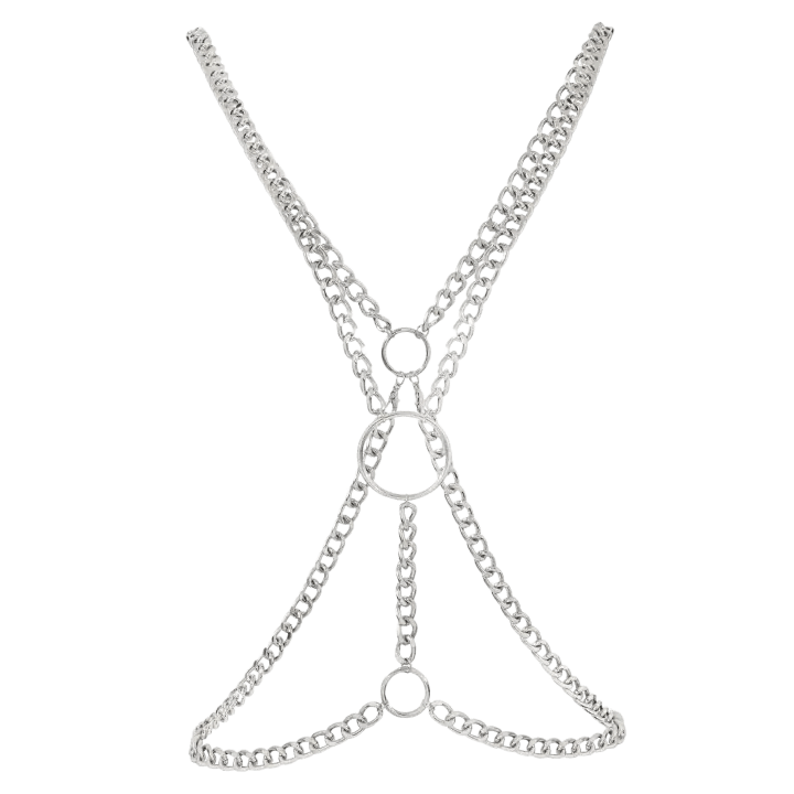 MetroPunk Brustkorb Body Chain freigestellt, silber, Techno Festival Accessoire