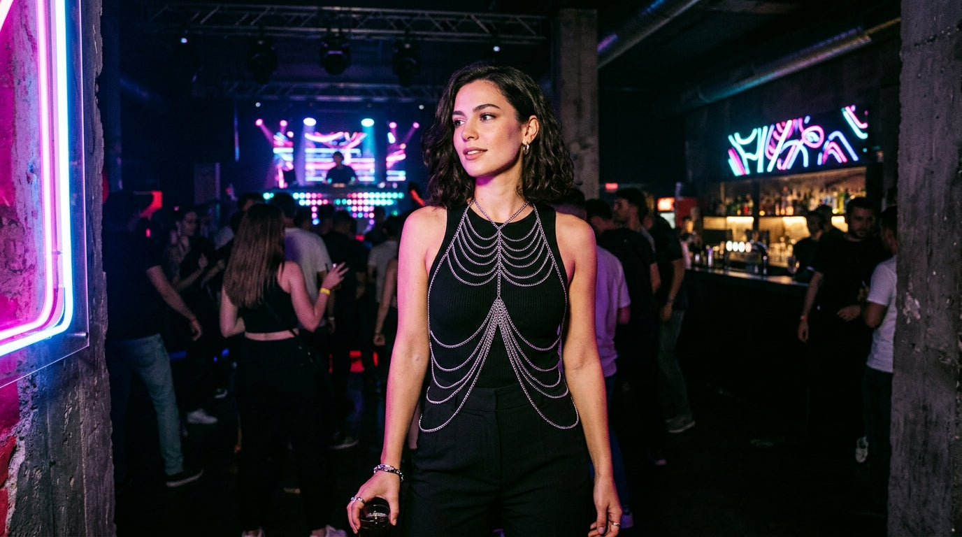 Body Chain über schwarzem Outfit im Club gestylt