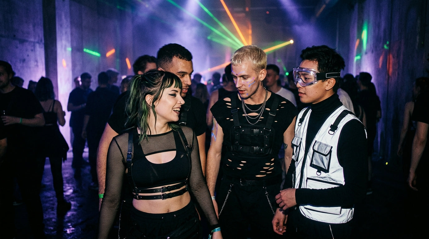 Raver in Techno-Mode-Trends 2026 im dunklen Club