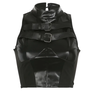 Hardwear Buckle Top, schwarzes Kunstleder, Produktabbildung ohne Model, Techno Rave Fashion