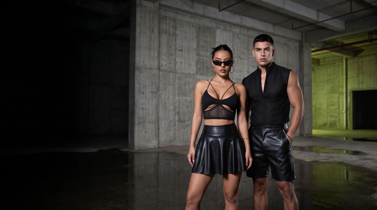 Rave Outfits für Damen und Herren in einer Betonhalle