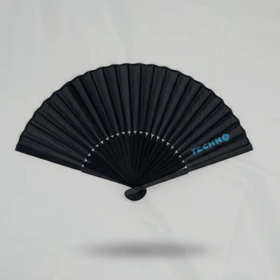 Mini-Nachtschwärmer Rave Fächer in Schwarz mit Techno-Logo, ideal für Clubnächte