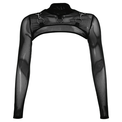 Schwarzer Hauch von Eleganz, transparentes Top mit Ringen, Techno-Stil