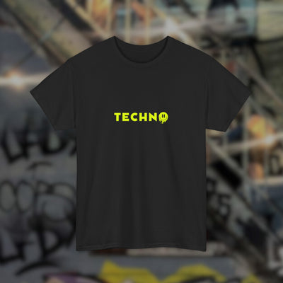 Schwarzes Stop Wars Start Raves T-Shirt mit TECHNO-Schriftzug und Smiley, Vorderansicht