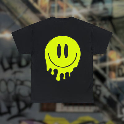 Schwarzes Techno Essentials T-Shirt mit großem zerlaufendem Smiley, Rückansicht