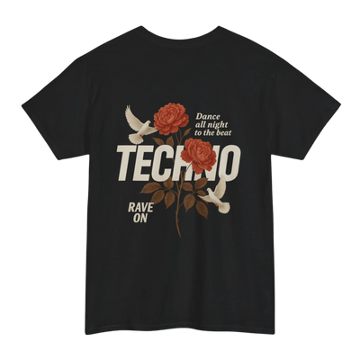 Schwarzes Techno Rose Classic Rave Shirt mit Rosen- und Tauben-Rückenprint, Rückansicht