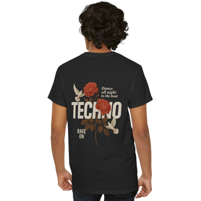 Schwarzes Techno Rose Classic Rave Shirt am weiblichen Model, Rückansicht