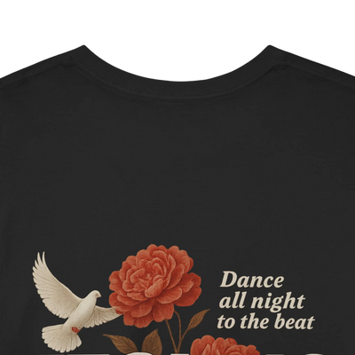 Techno Rose Classic Rave Shirt, Detail Rosen, Taube und Schriftzug