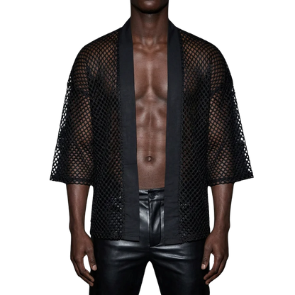 Mesh Vibe Kimono in Schwarz, Model frontal, techno-festival-ready Look