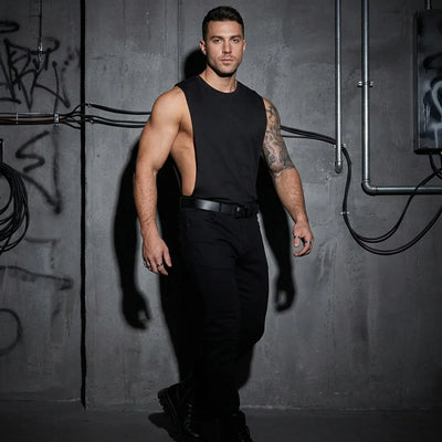 Mann im schwarzen Deep Cut Tanktop, Festival-Style, seitliche Pose