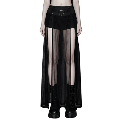 Dusk Mesh Rock in Schwarz, frontal, Techno Festival Look, Model mit Stiefeln