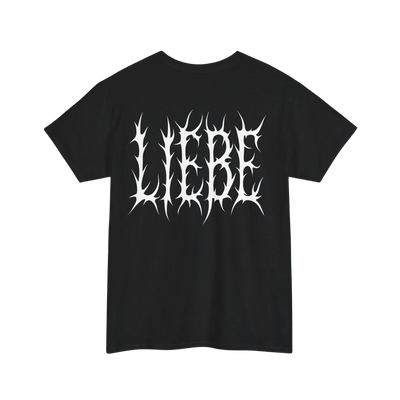 Schwarzes Liebe brennt T-Shirt mit weißem LIEBE-Rückenprint, Rückansicht 