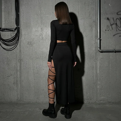 Rückansicht Midnight Lace-Up Set, Model stehend, Techno Festival Mode, Schwarz