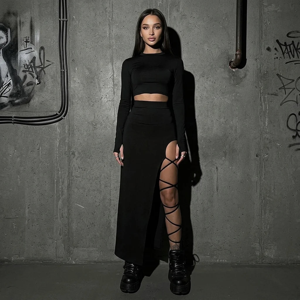 Techno Look, Midnight Lace-Up Set, Model frontal, Clubbing Style, Schwarz