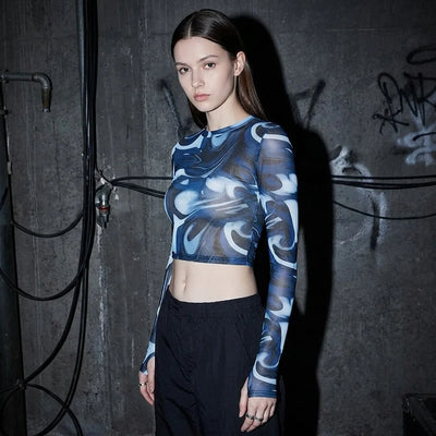 Midnight Waves Mesh Crop Longsleeve, blau-weiß, seitliche Pose, Techno Fashion