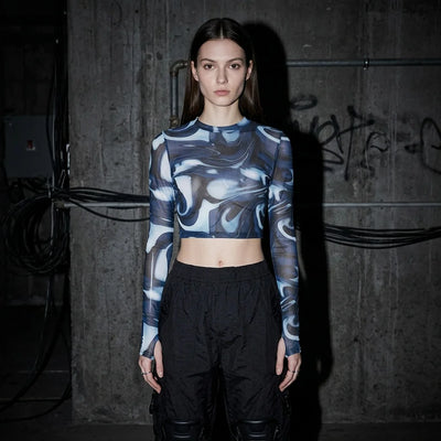 Midnight Waves Mesh Crop Longsleeve, blau-weiß, frontal, Clubbing Outfit