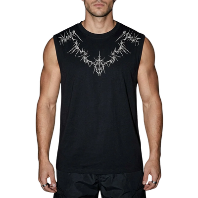 Nightfall Tanktop schwarz, frontal, techno-inspiriertes Design, Model stehend