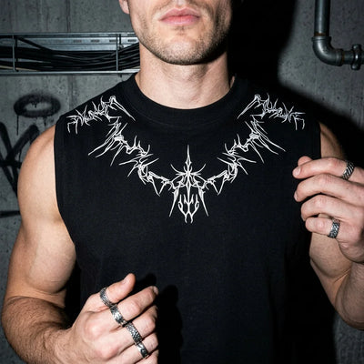 Nahaufnahme Nightfall Tanktop, schwarzes Design, Techno-Festival-Look
