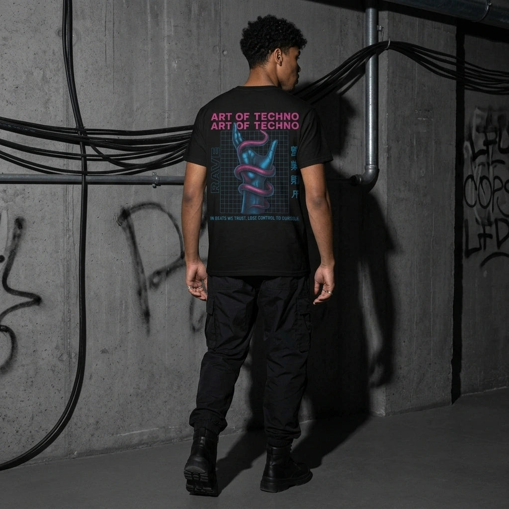 Art of Techno – Unisex Heavy Cotton Rave T-Shirt - Rückansicht | Techno Essentials
