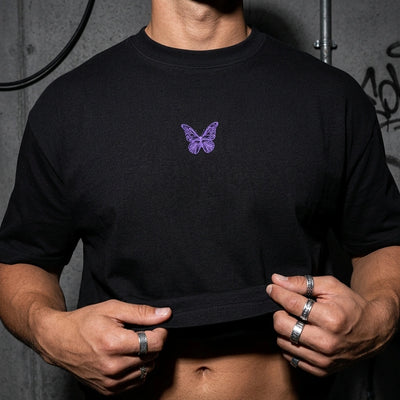 Schwarzes Techno Butterfly Oversize T-Shirt, Detail des lila Brust-Prints #farbe_schwarz