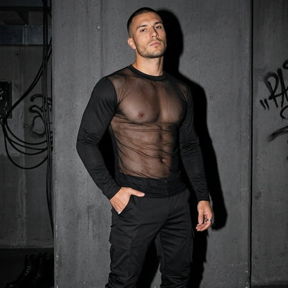 Sheer Vibe Langarmshirt für Raves - Ganzkörper-Aufnahme | Techno Essentials